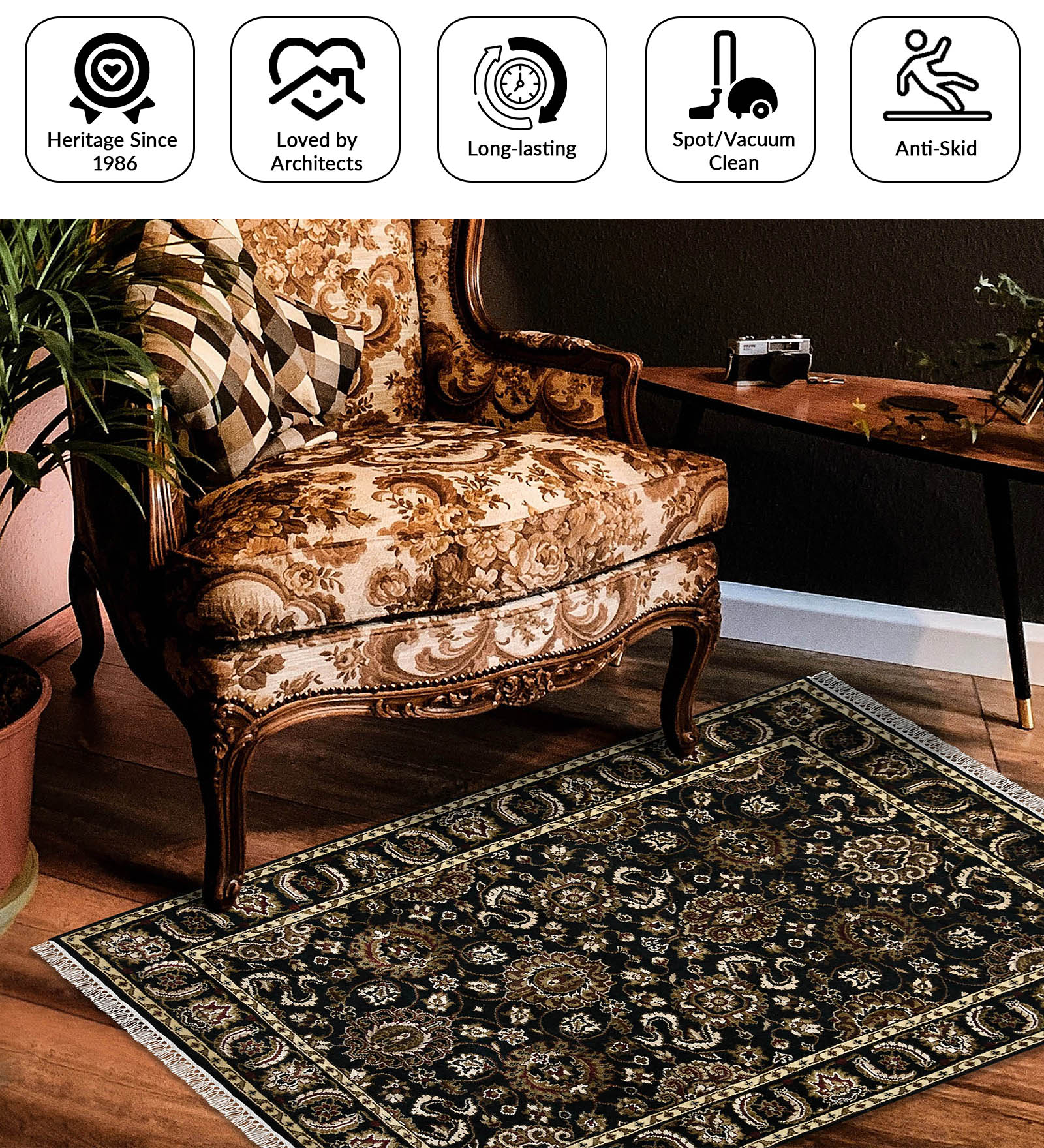 Luxor Classic Pattern Hand Knotted  Rectangle Anti-Skid Designer Carpet, Prayer Rug For Office Cabins, Small Living Spaces - 4'X6'