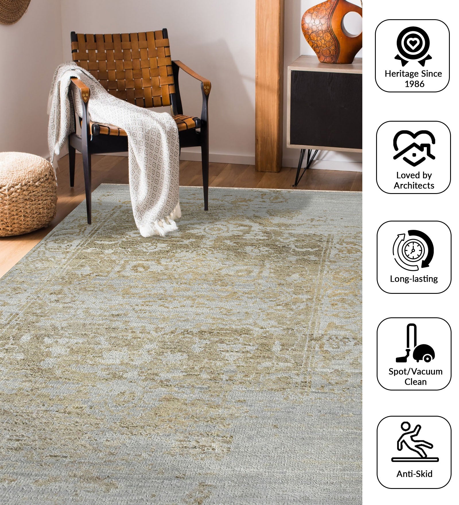 Dazzle Transitional Pattern Hand Knotted  Rectangle Anti-Skid Designer Carpet, Prayer Rug For Office Cabins, Small Living Spaces - 2'X3'