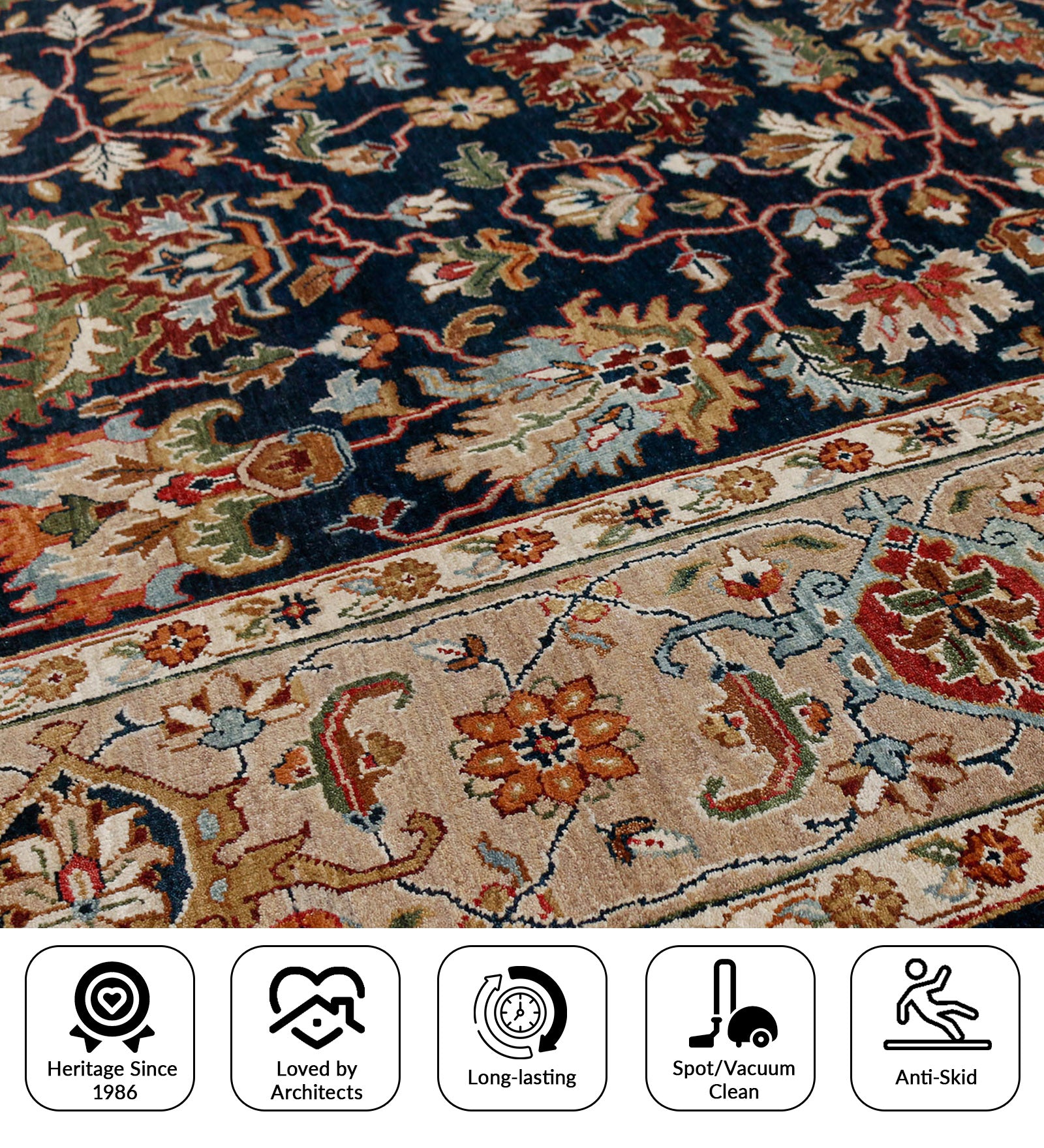 Heritage Classic Pattern Hand Knotted  Rectangle Anti-Skid Designer Carpet, Prayer Rug For Office Cabins, Small Living Spaces - 3'X5'