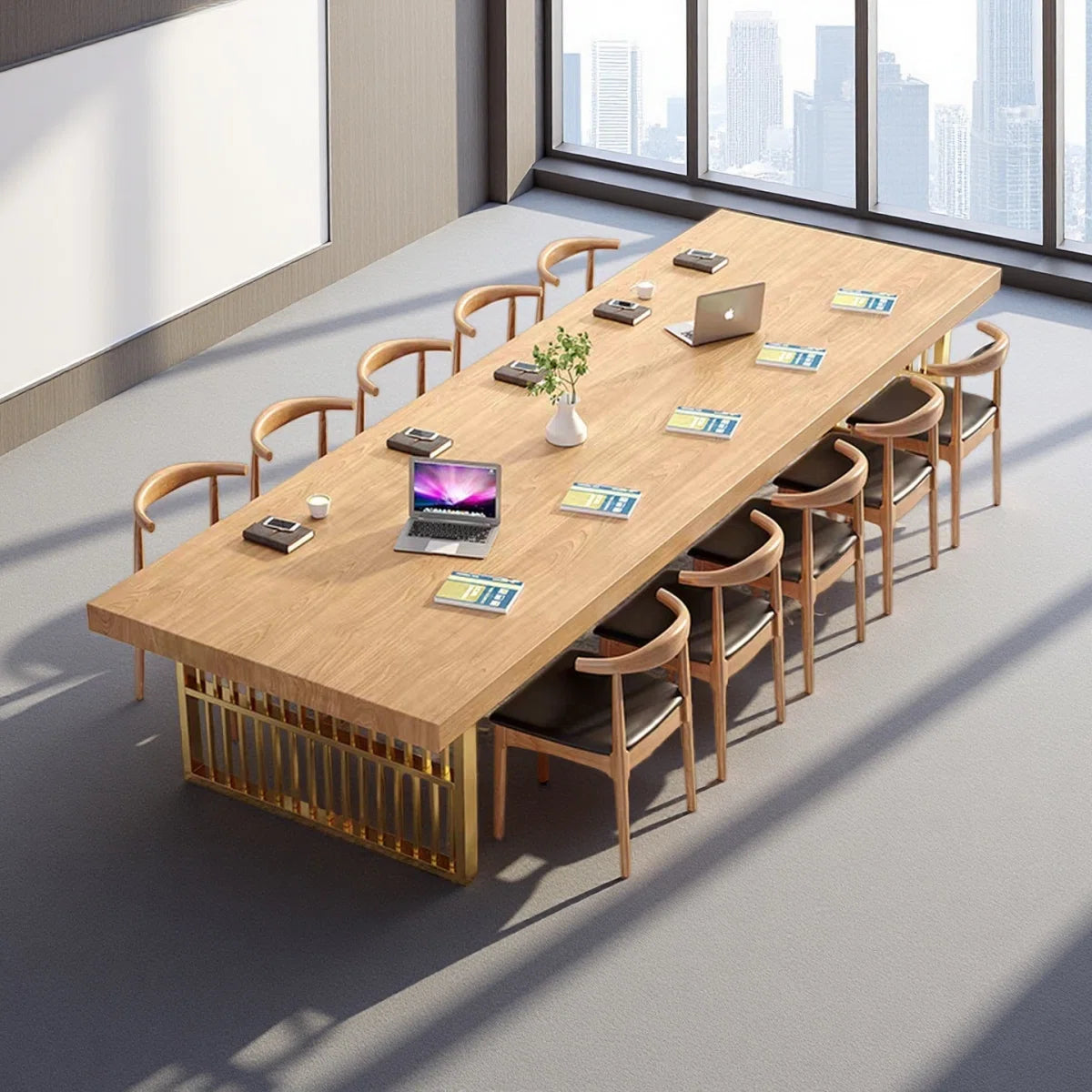 Iron Base Rectangular Solid Wood Conference Table-OUCH CART 