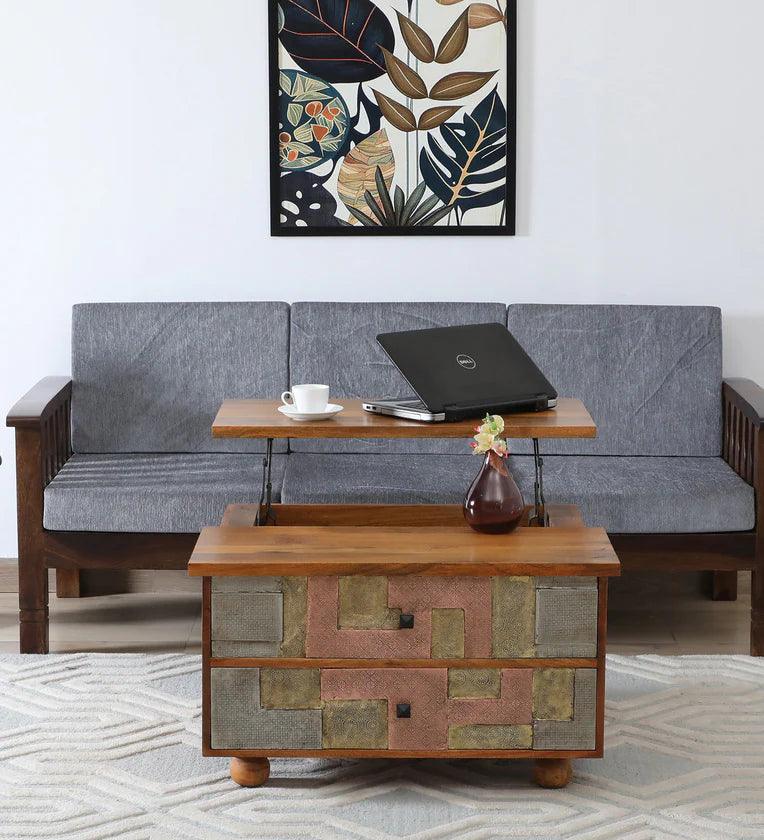 Solid Wood Coffee Table In Natural Finish With Drawers - Ouch Cart 