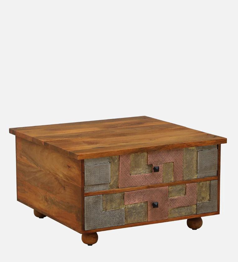 Solid Wood Coffee Table In Natural Finish With Drawers - Ouch Cart 