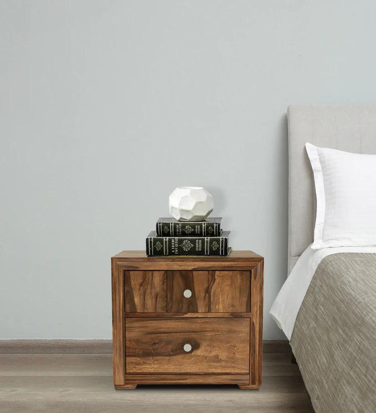 Sheesham Wood Bedside Table In Rustic Teak Finish With Drawers - Ouch Cart 