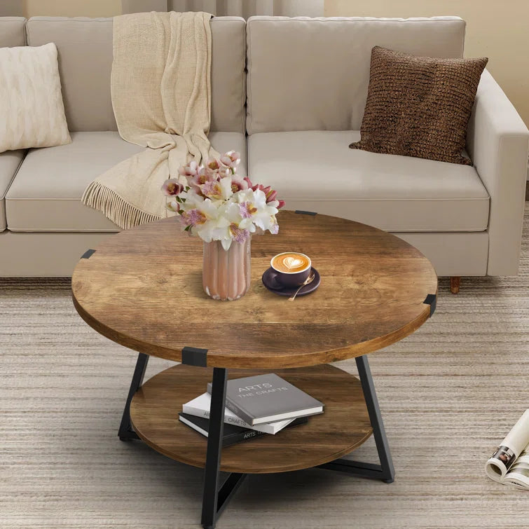 Round Coffee Table with 2-Tier Storage Shelves