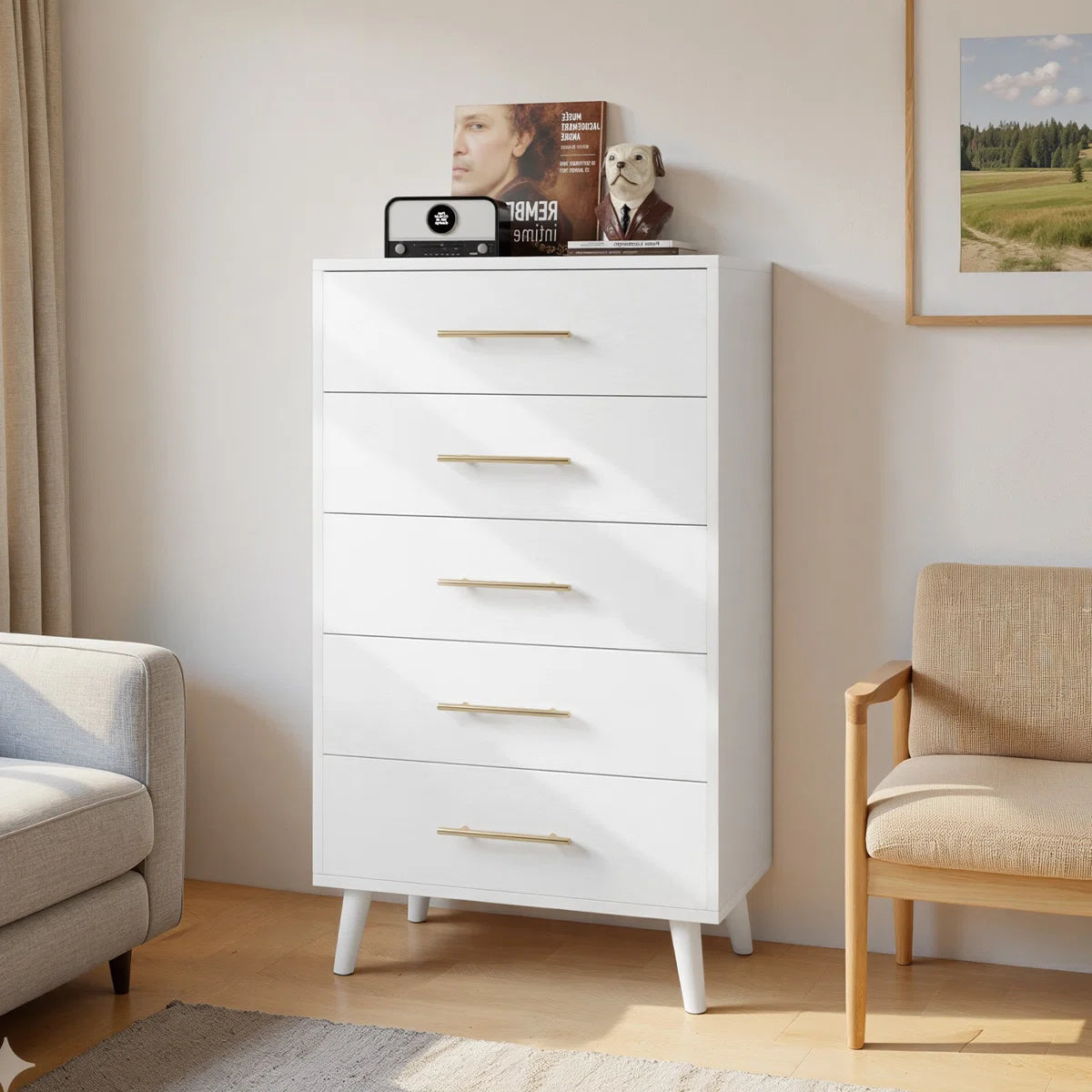 Engineered Wood Tall Chest with Modern Metallic Handles
