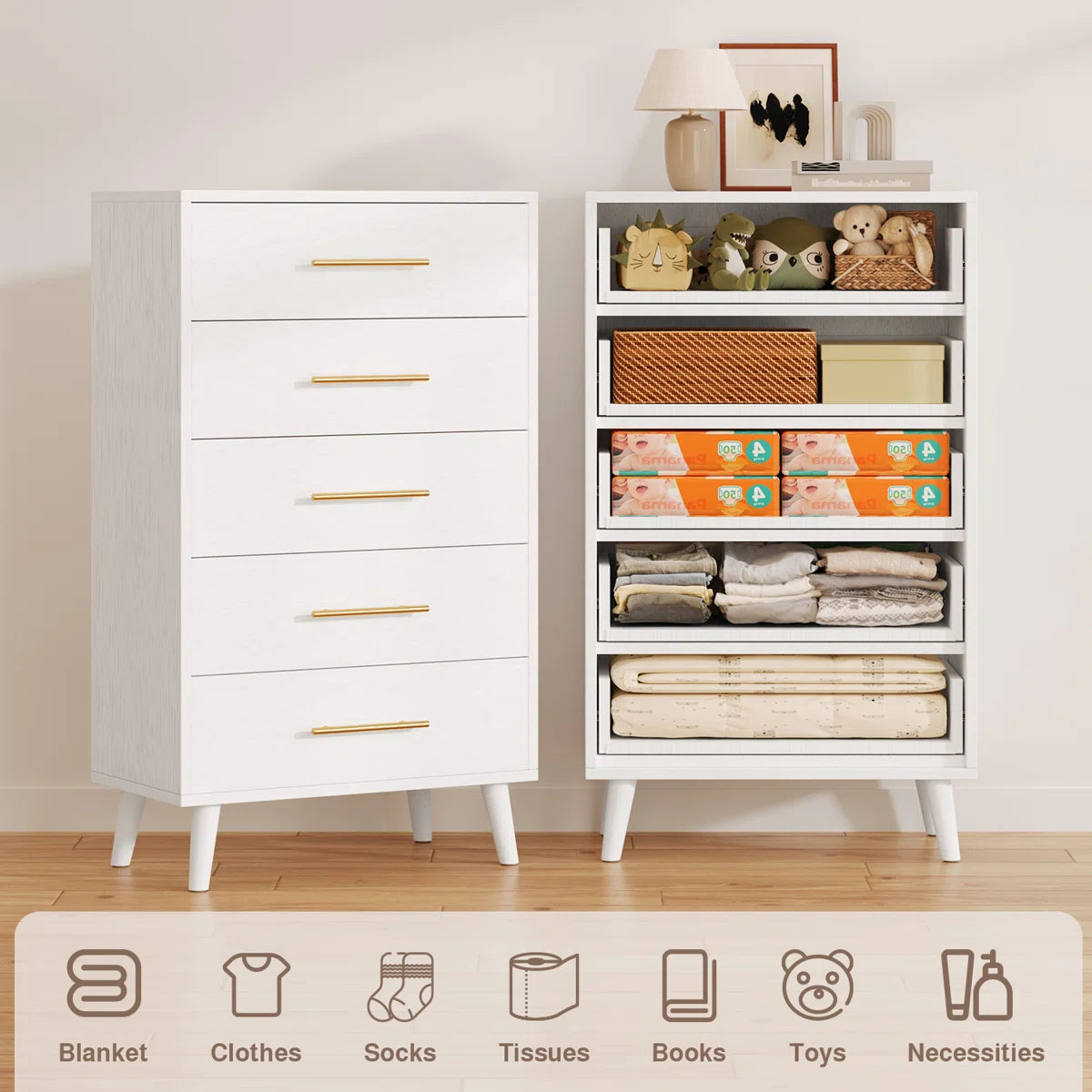 Engineered Wood Tall Chest with Modern Metallic Handles