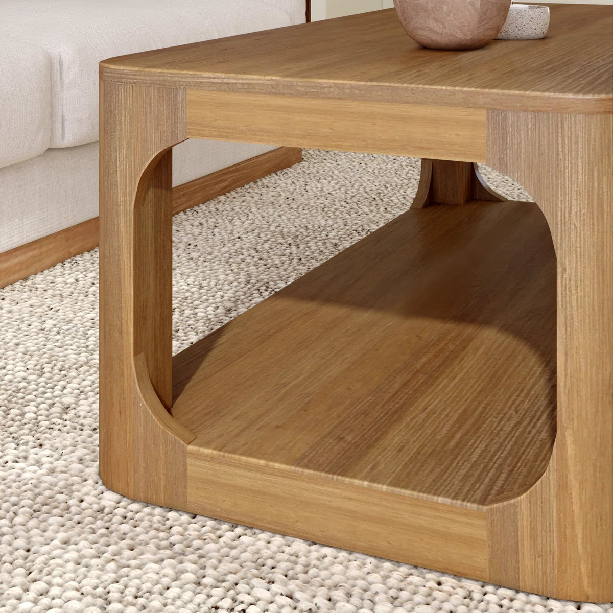 Solid Pine Wood Coffee Table with Storage Shelf | Modern Rounded Rectangular Center Table for Living Room