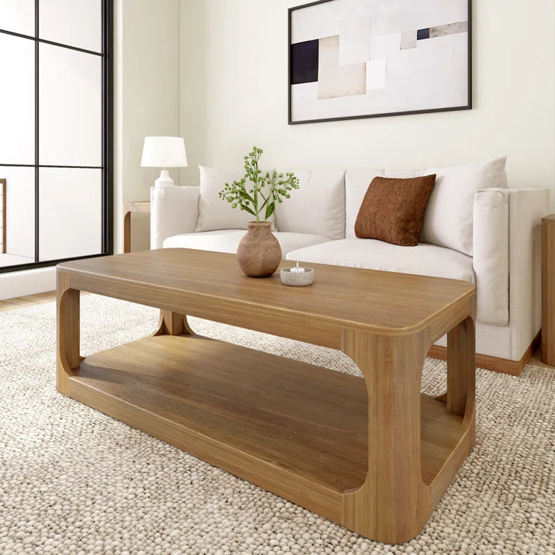 Solid Pine Wood Coffee Table with Storage Shelf | Modern Rounded Rectangular Center Table for Living Room