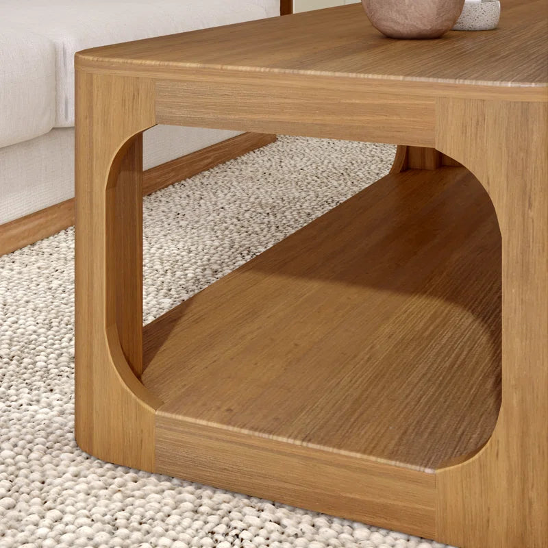 Solid Pine Wood Coffee Table with Storage Shelf | Modern Rounded Rectangular Center Table for Living Room