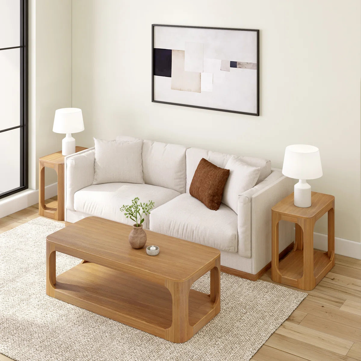 Solid Pine Wood Coffee Table with Storage Shelf | Modern Rounded Rectangular Center Table for Living Room