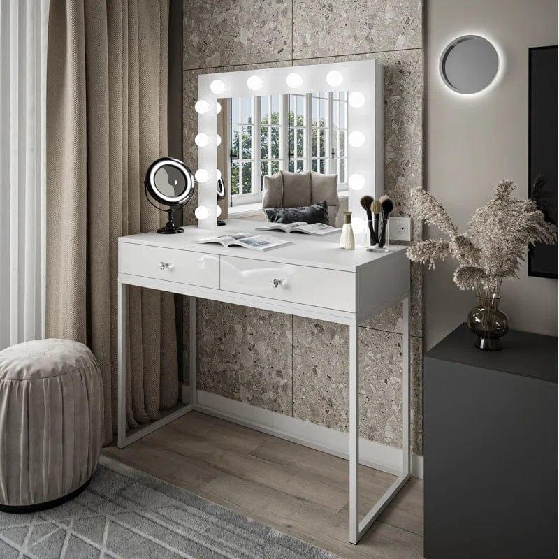 White Vanity Table with Charging Station & Power Outlet, Makeup Vanity with Storage Drawers, Vanity Desk with Lighted Mirror for Women - Ouch Cart 