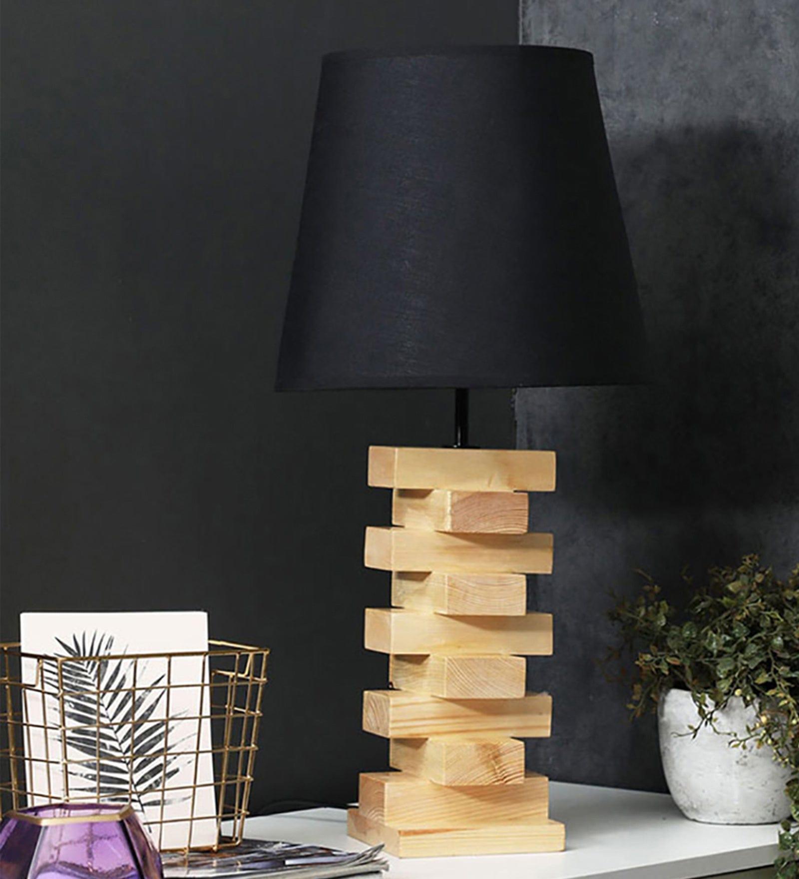 Libra Brown Wooden Table Lamp with Yellow Printed Fabric Lampshade (BULB NOT INCLUDED) - Ouch Cart 