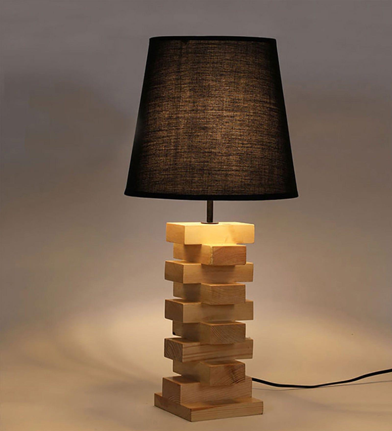 Libra Brown Wooden Table Lamp with Yellow Printed Fabric Lampshade (BULB NOT INCLUDED) - Ouch Cart 