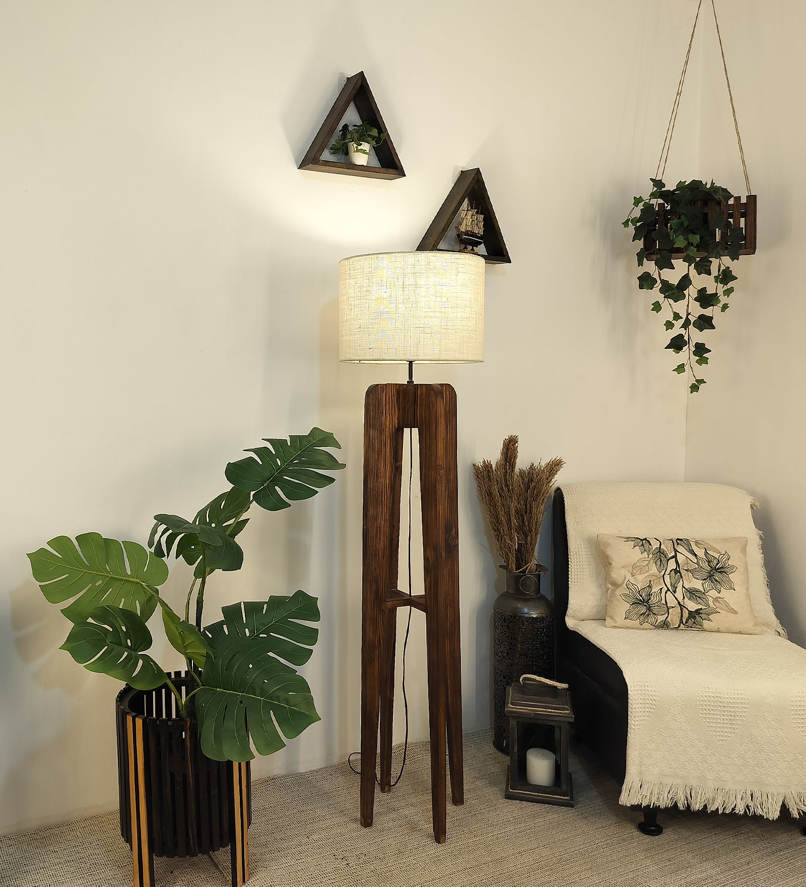 Blender Wooden Floor Lamp with Premium Beige Fabric Lampshade (BULB NOT INCLUDED)