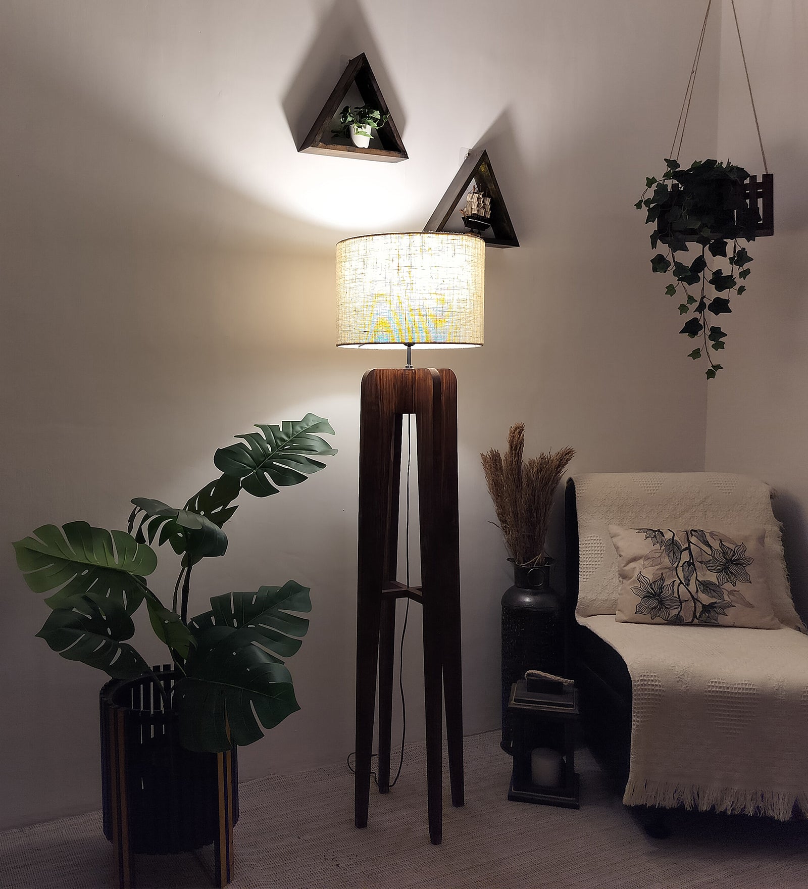 Jet Wooden Floor Lamp with Premium Beige Fabric Lampshade (BULB NOT INCLUDED)