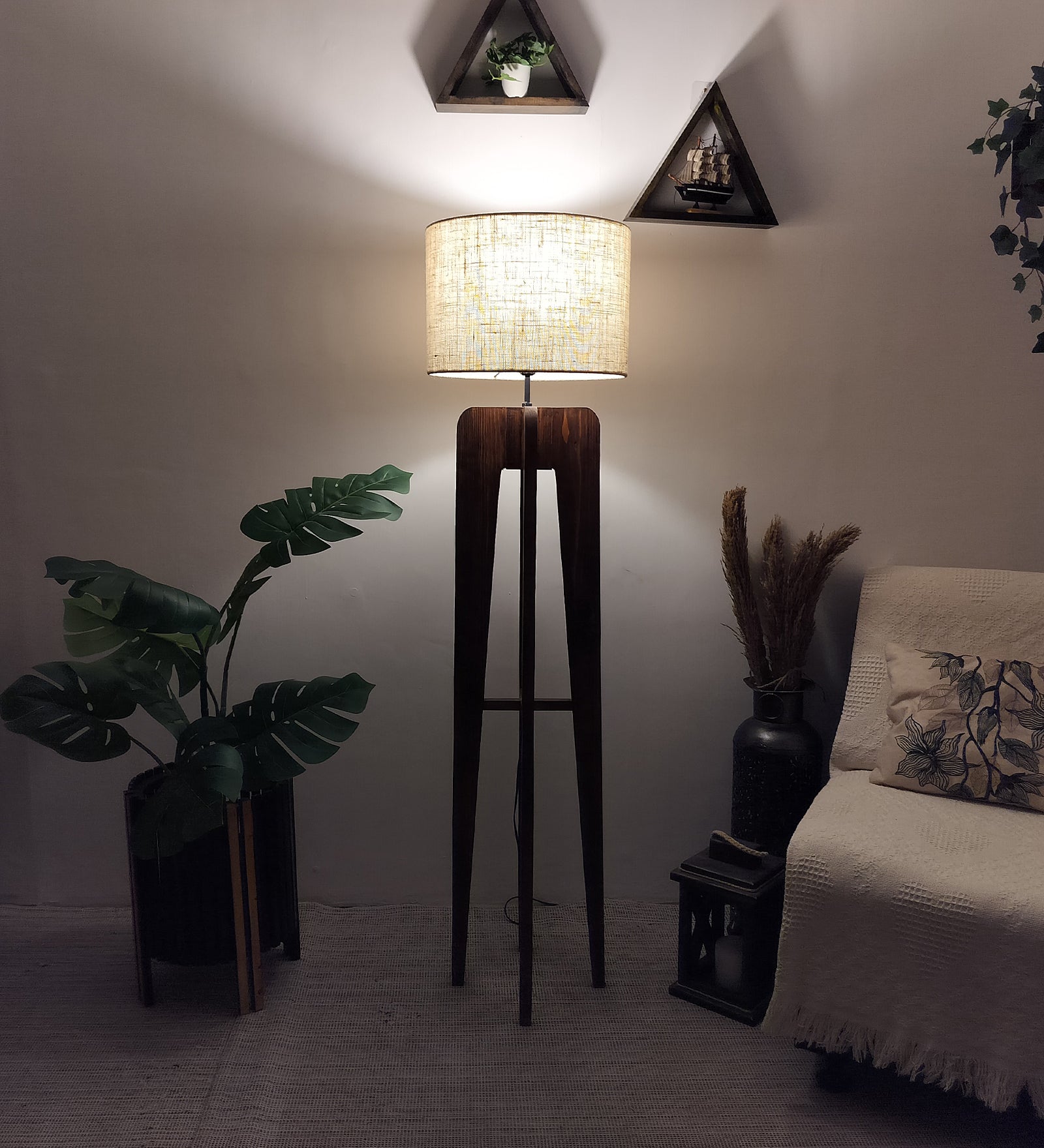 Jet Wooden Floor Lamp with Premium Beige Fabric Lampshade (BULB NOT INCLUDED)
