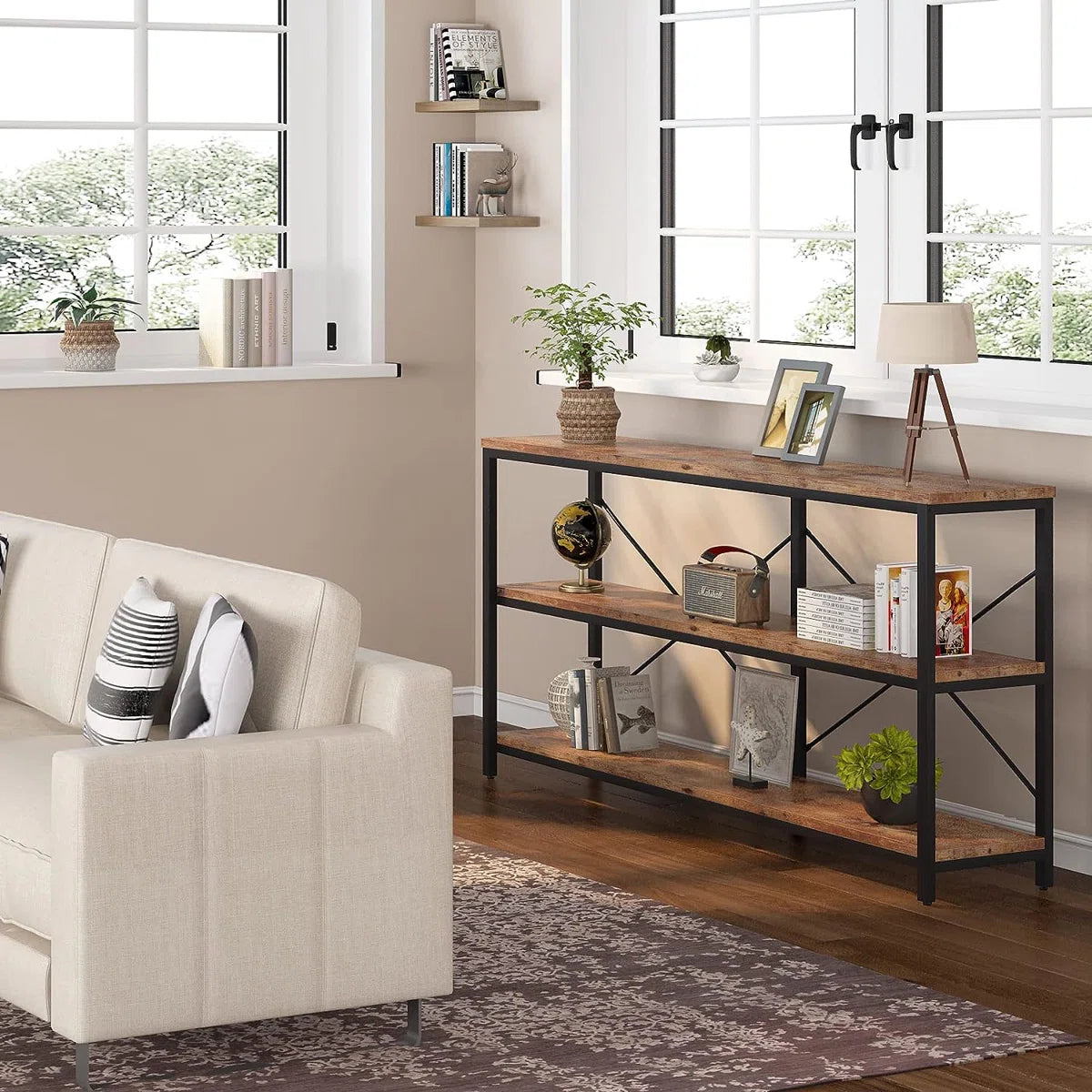 Long & Narrow Industrial Console Table – 3-Tier Sofa Table for Entryway and Living Room