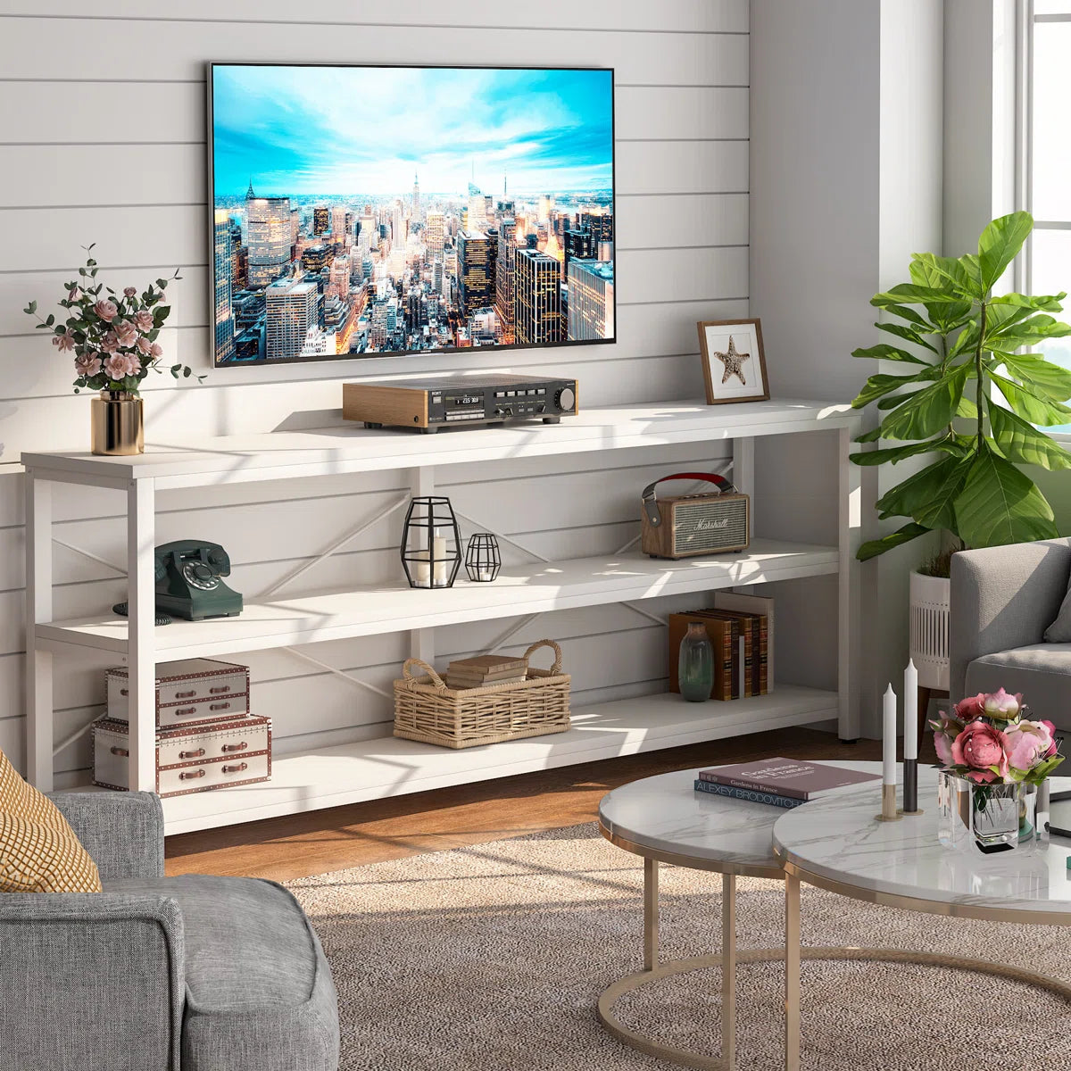Long & Narrow Industrial Console Table – 3-Tier Sofa Table for Entryway and Living Room