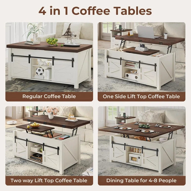 Lift Top Coffee Table for Living Room with 4 Sliding Barn Doors