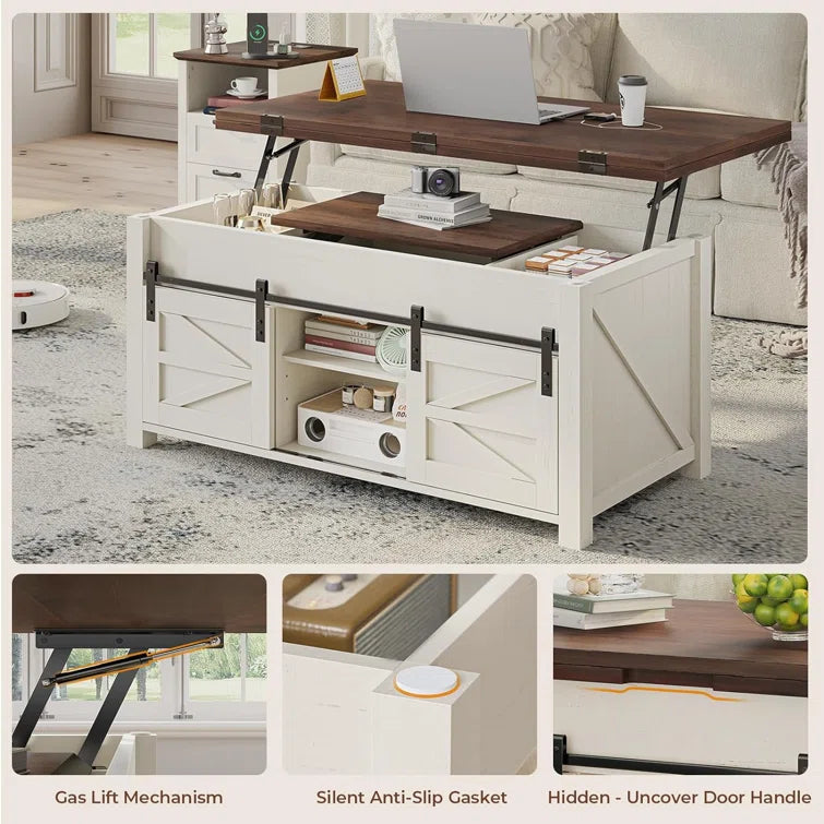 Lift Top Coffee Table for Living Room with 4 Sliding Barn Doors