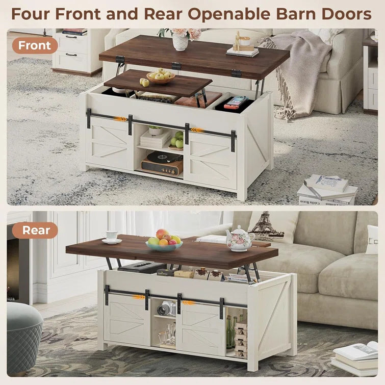 Lift Top Coffee Table for Living Room with 4 Sliding Barn Doors