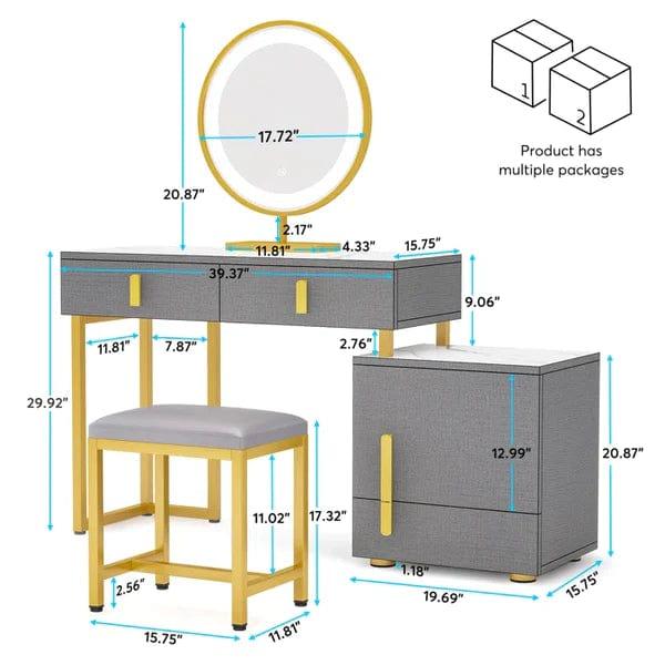 Ines Vanity wooden dressing table design with stool makeup modern corner mirrored dressing table, Vanity Desk with Drawers and Cabinets, Makeup Table Mirror and Lights, Modern Dressing Table with Stool for Women Gift - Ouch Cart 