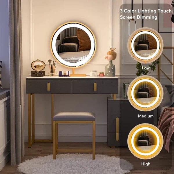 Ines Vanity wooden dressing table design with stool makeup modern corner mirrored dressing table, Vanity Desk with Drawers and Cabinets, Makeup Table Mirror and Lights, Modern Dressing Table with Stool for Women Gift - Ouch Cart 