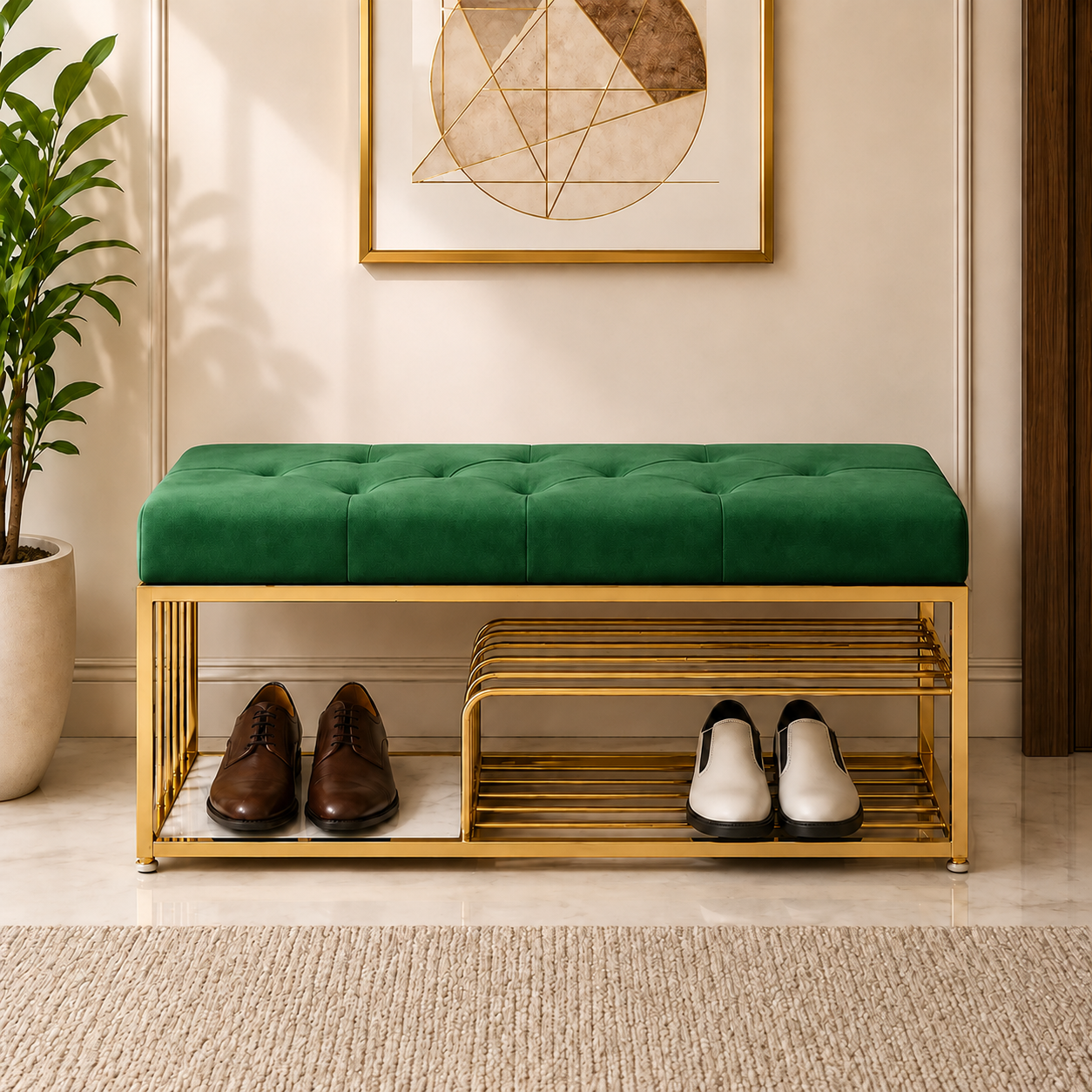 Velvet Upholstered Entryway Shoe Rack Bench with Storage