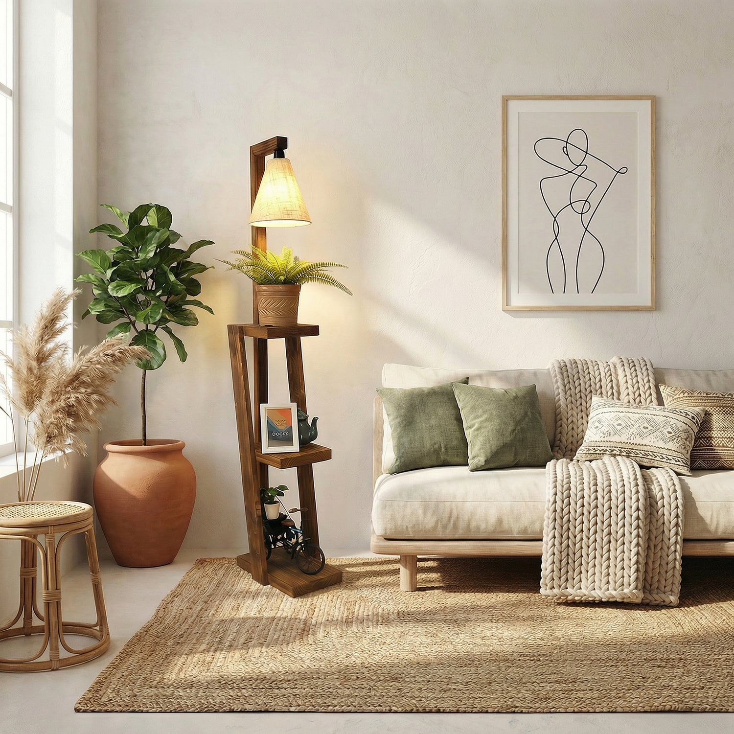 Julia Wooden Floor Lamp with Brown Base and Jute Fabric Lampshade (BULB NOT INCLUDED)