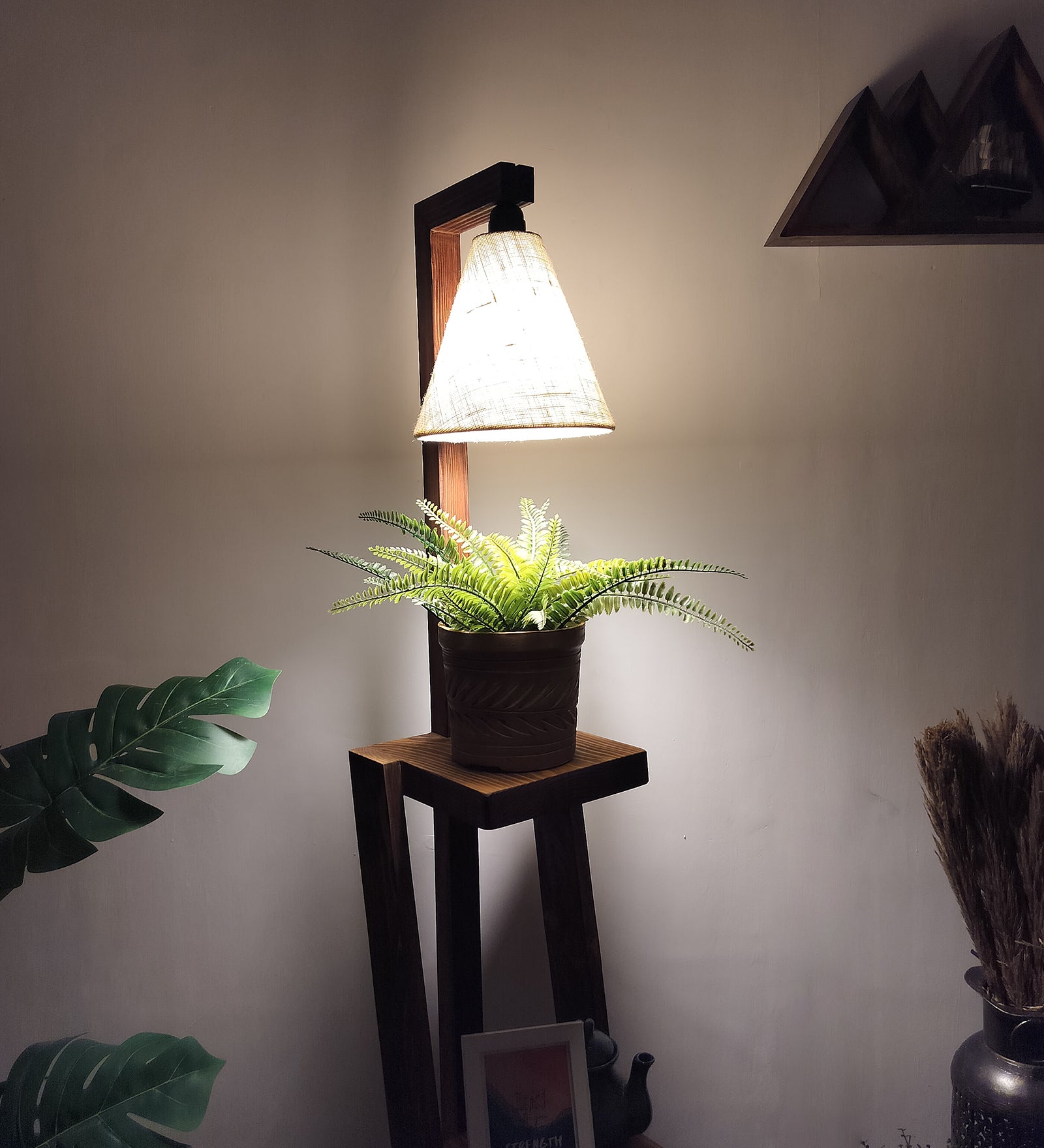 Julia Wooden Floor Lamp with Brown Base and Jute Fabric Lampshade (BULB NOT INCLUDED)