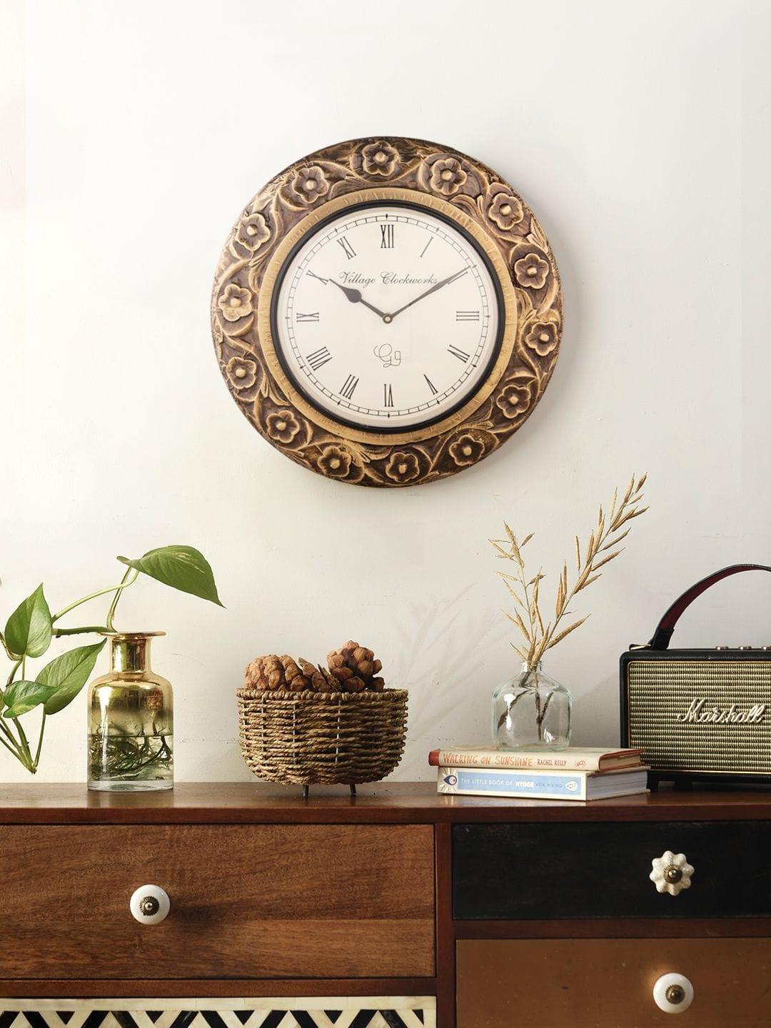 Round Flower Embossed Brass 16 Inches Wall Clock - Ouch Cart 