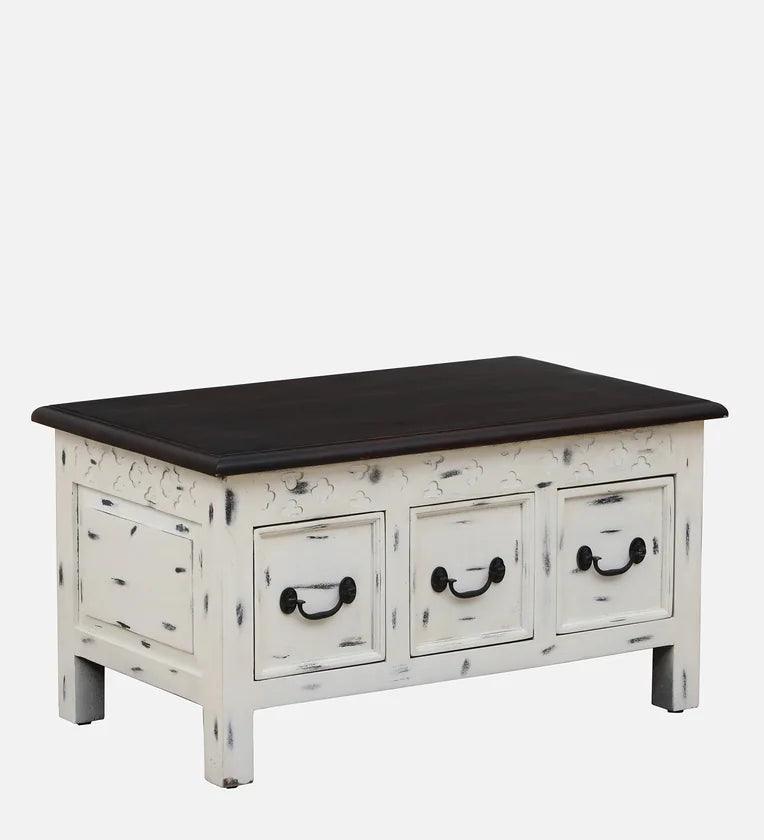 Solid Wood Coffee Table In White Distressed Finish With Drawers - Ouch Cart 