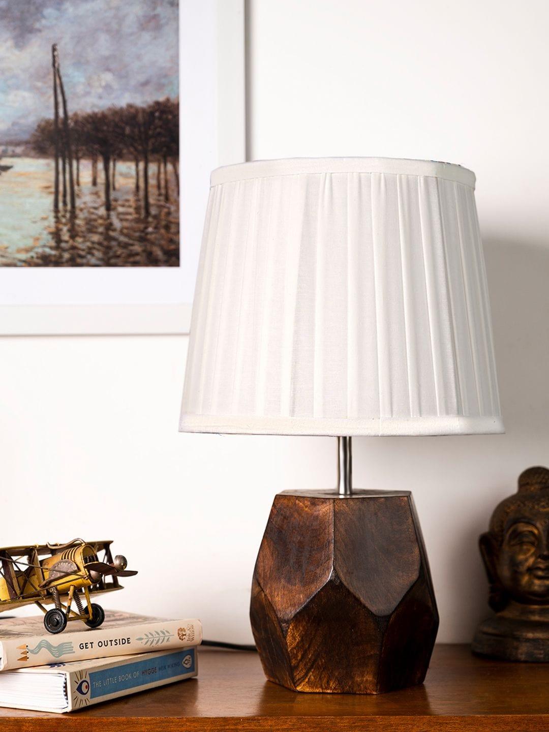 Wooden Hexa Lamp with Pleeted Cotton White Shade - Ouch Cart 