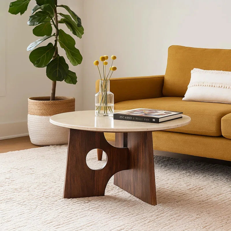 Handcrafted Marble Top Round Coffee Table with Mango Wood Base | Modern Sculptural Center Table for Living Room