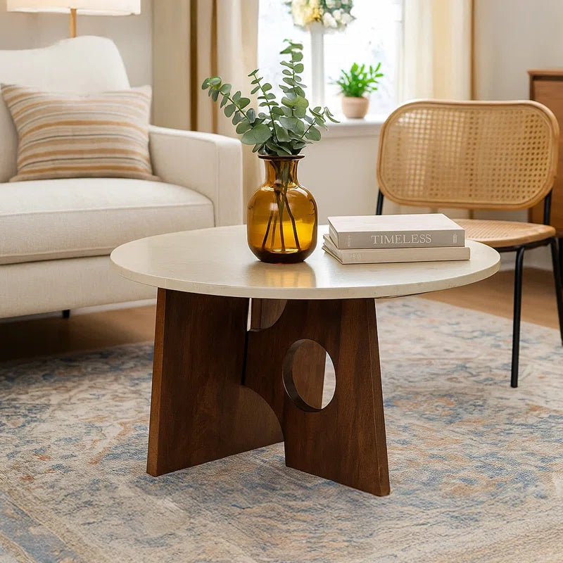 Handcrafted Marble Top Round Coffee Table with Mango Wood Base | Modern Sculptural Center Table for Living Room