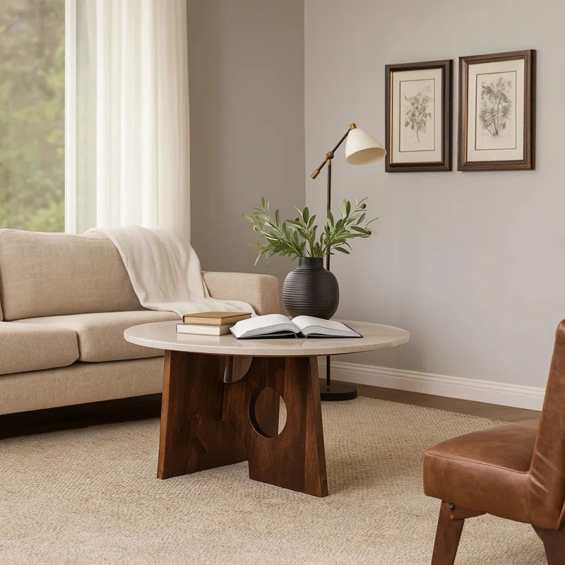 Handcrafted Marble Top Round Coffee Table with Mango Wood Base | Modern Sculptural Center Table for Living Room