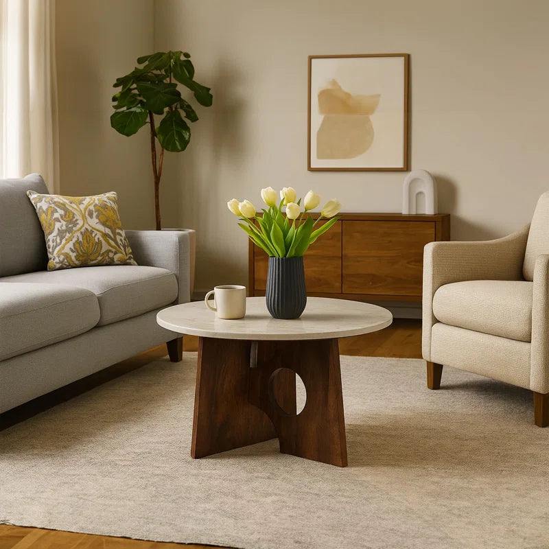 Handcrafted Marble Top Round Coffee Table with Mango Wood Base | Modern Sculptural Center Table for Living Room