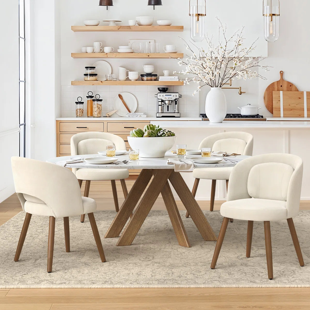 Modern Upholstered Dining Chairs Set of 6 with Curved Back & Wooden Legs