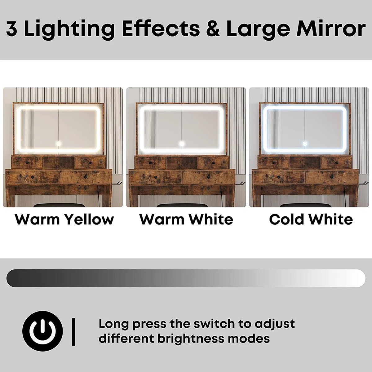 Elegant Brown Makeup Vanity with Drawers & LED Mirror