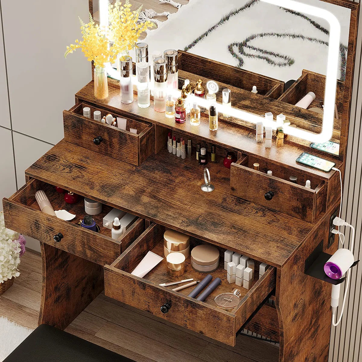 Elegant Brown Makeup Vanity with Drawers & LED Mirror