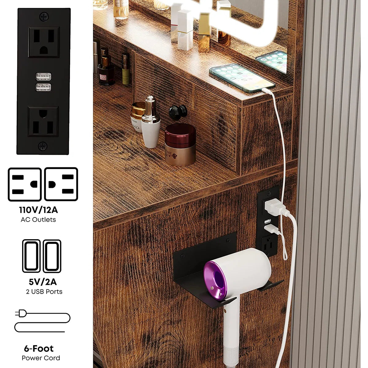 Elegant Brown Makeup Vanity with Drawers & LED Mirror