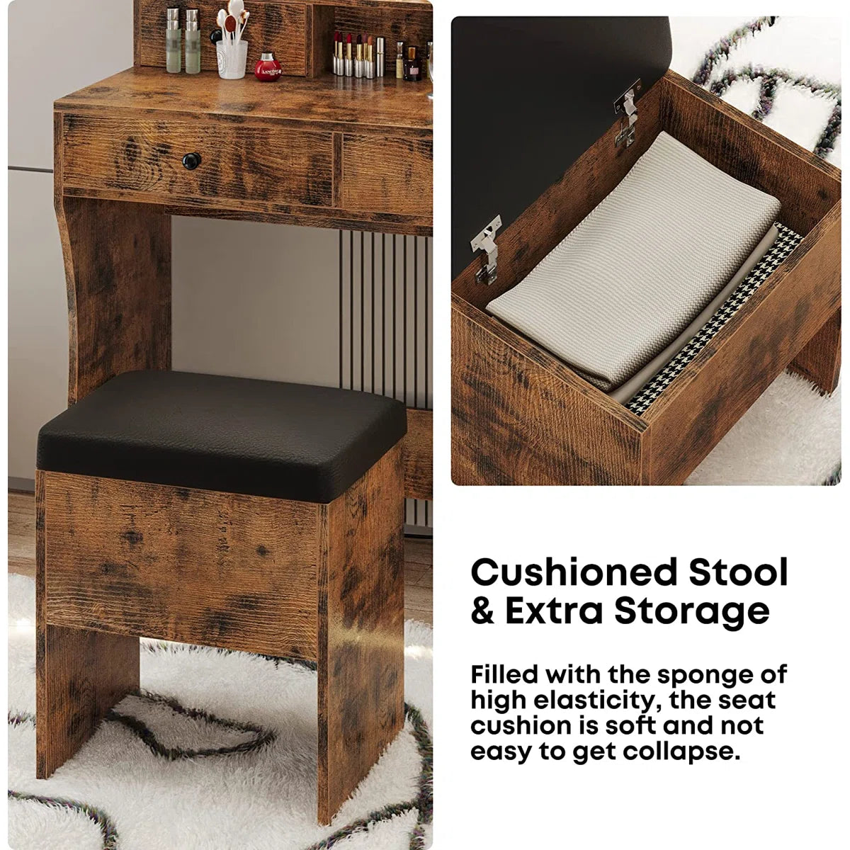 Elegant Brown Makeup Vanity with Drawers & LED Mirror