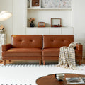 Mid-Century Modern 3-Seater Leather Sofa | Brown Faux Leather Couch with Tufted Back & Solid Wood