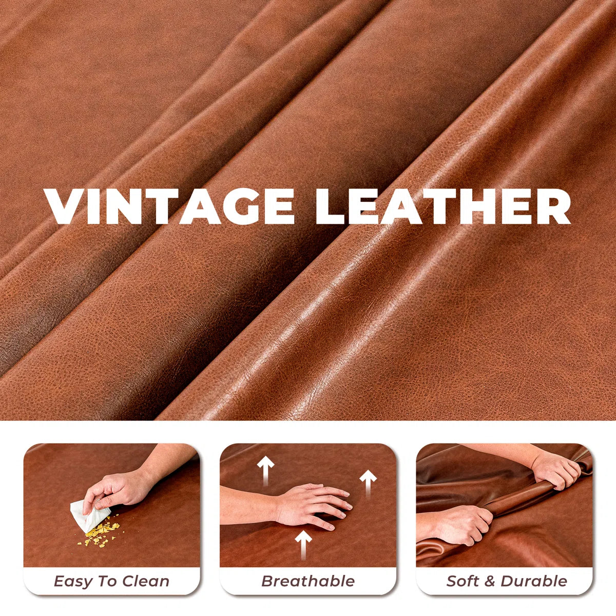 Mid-Century Modern 3-Seater Leather Sofa | Brown Faux Leather Couch with Tufted Back & Solid Wood