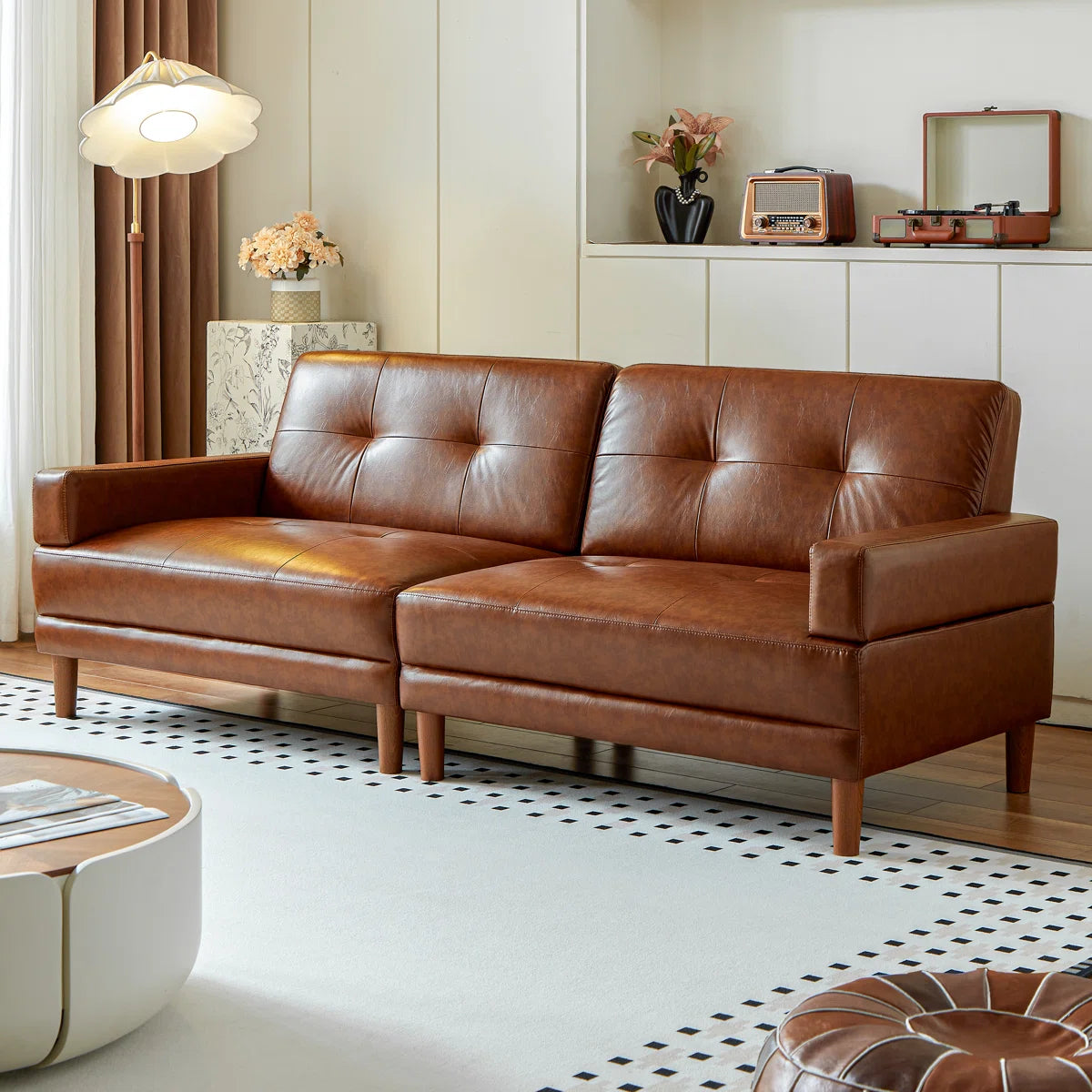 Mid-Century Modern 3-Seater Leather Sofa | Brown Faux Leather Couch with Tufted Back & Solid Wood
