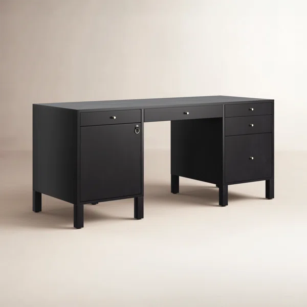 Solid Wood Executive Writing Desk with Leather Inlay, 5 Drawers & Storage Cabinet – 70" Home Office Desk