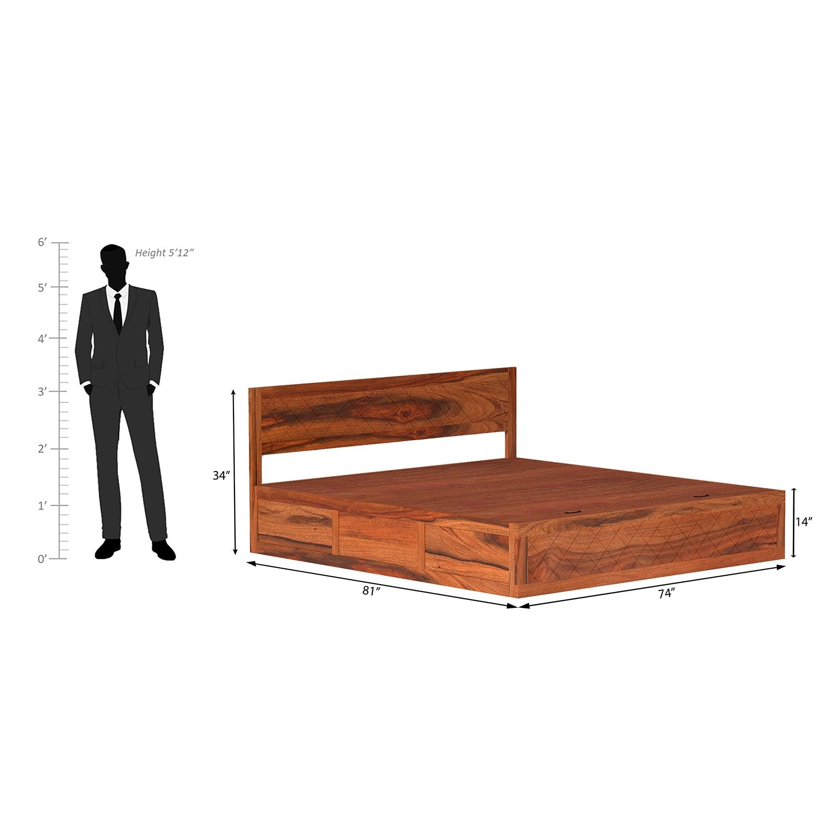 Lofted Sheesham Wood Hydraulic Bed with Box Storage in Maharani Color - Ouch Cart 