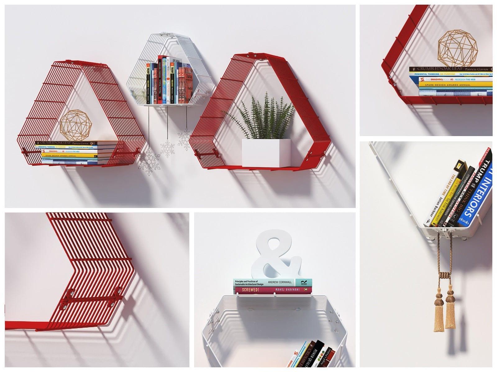 WALL DECOR SHELF 3 UNI SHELF RED , WHITE - Ouch Cart 