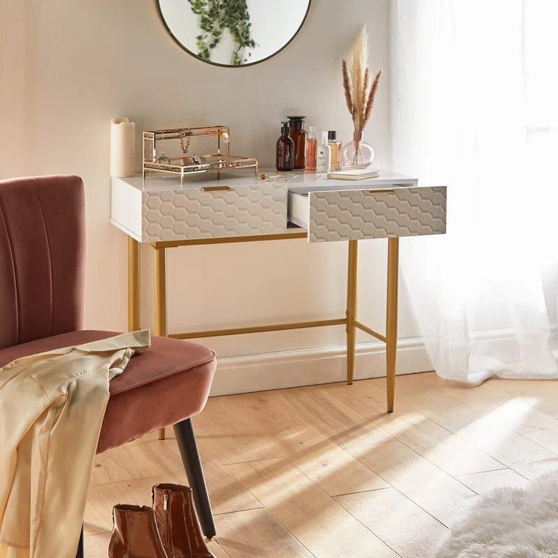 Desk with 2 Drawers, Nail Table Made of Wood, Metal Frame, Manicure Table, White Gold, Dressing Table without Mirror, Modern, Computer Desk, Living Room - Ouch Cart 