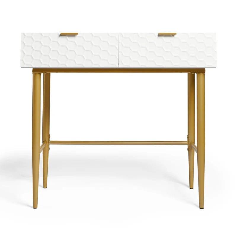 Desk with 2 Drawers, Nail Table Made of Wood, Metal Frame, Manicure Table, White Gold, Dressing Table without Mirror, Modern, Computer Desk, Living Room - Ouch Cart 